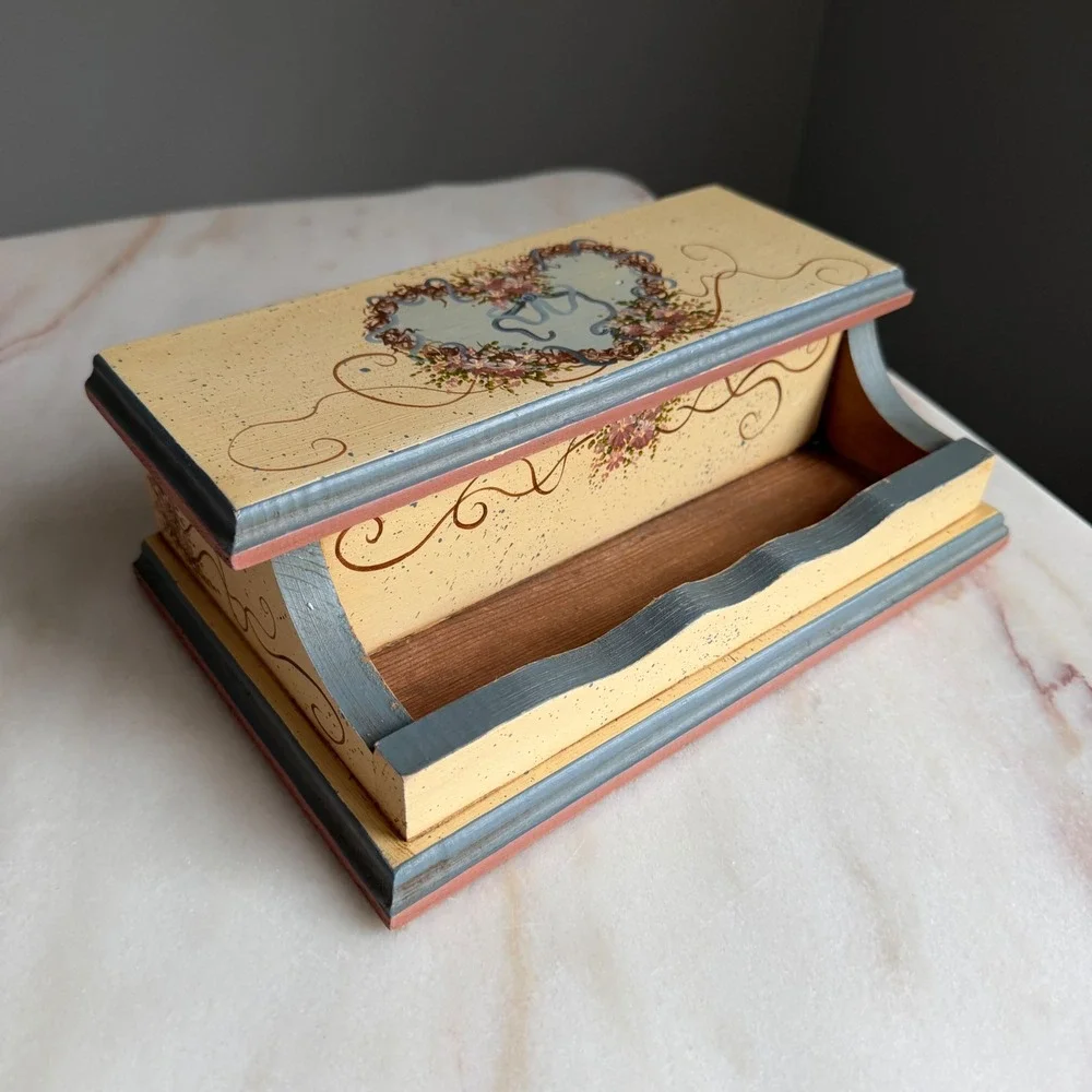 Vintage‎ C Hawkins 1989 Hand Painted Wooden Desk Organizer Stationery Box Floral